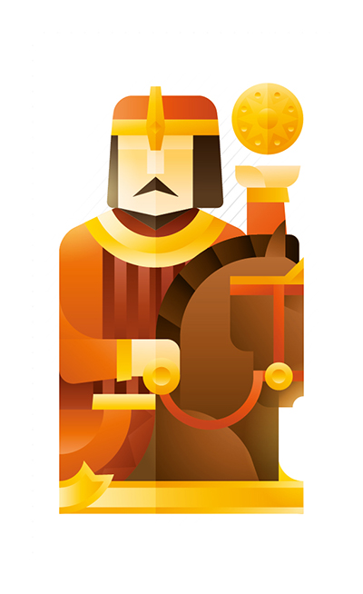yellow knight with a horse holding a gold coin, illustration by Francesco Faggiano illustrator