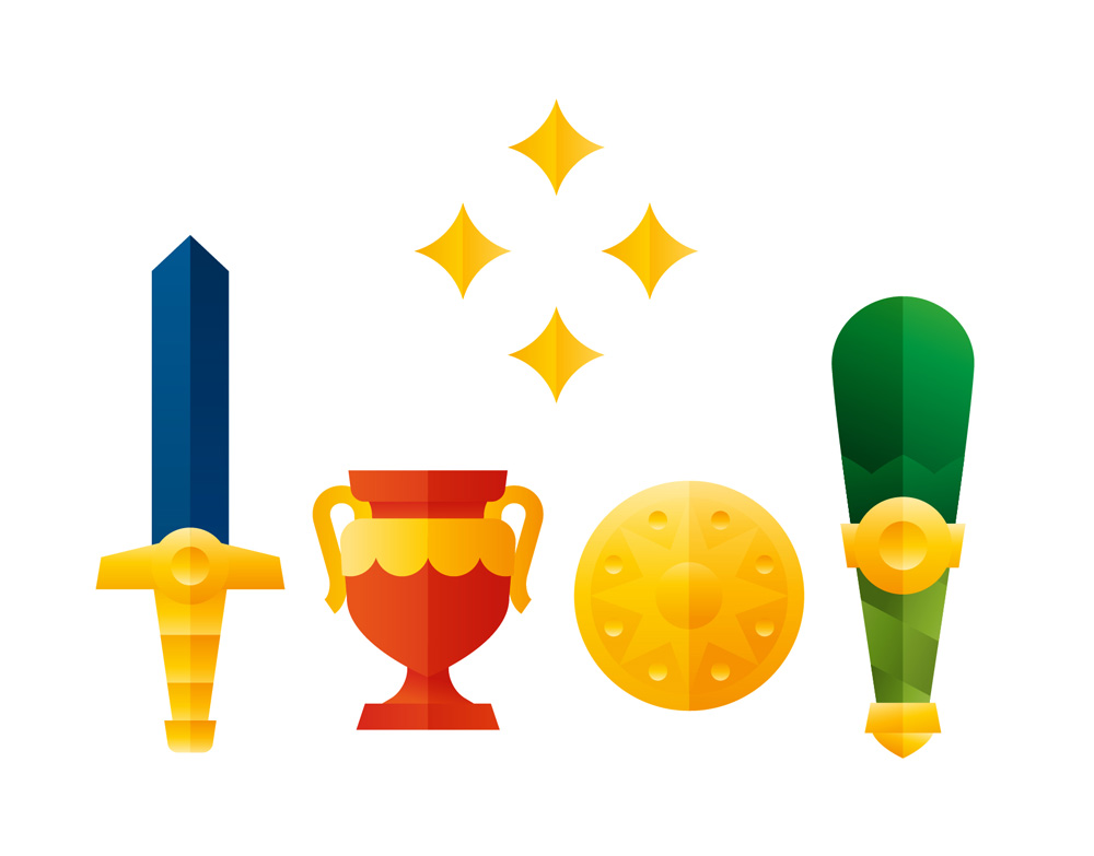 Blue sword, red trophy, gold coin and green club icons, illustration by Francesco Faggiano illustrator