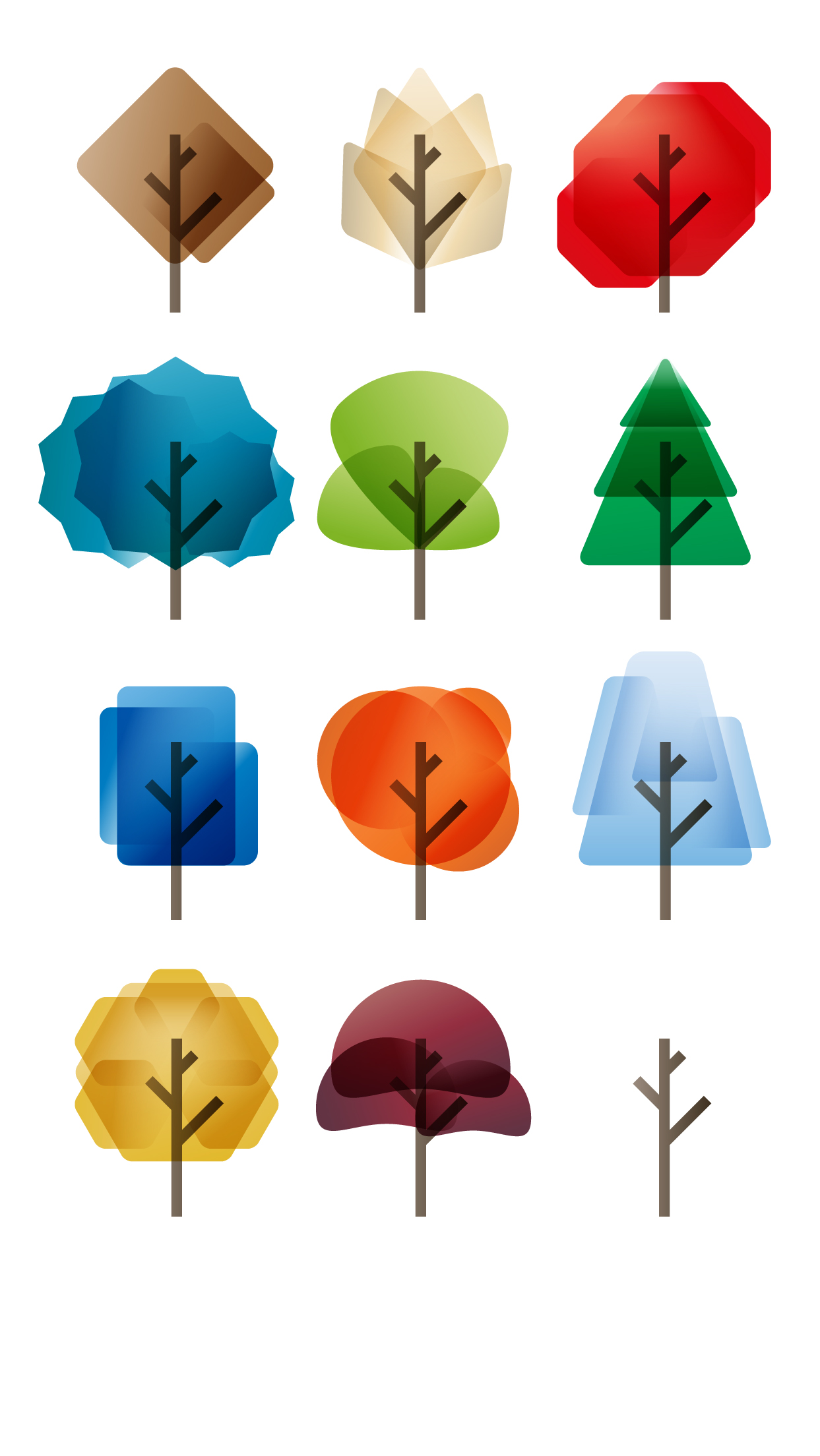 Twelve icons representing trees during all the four seasons of the year, illustration by Francesco Faggiano illustrator