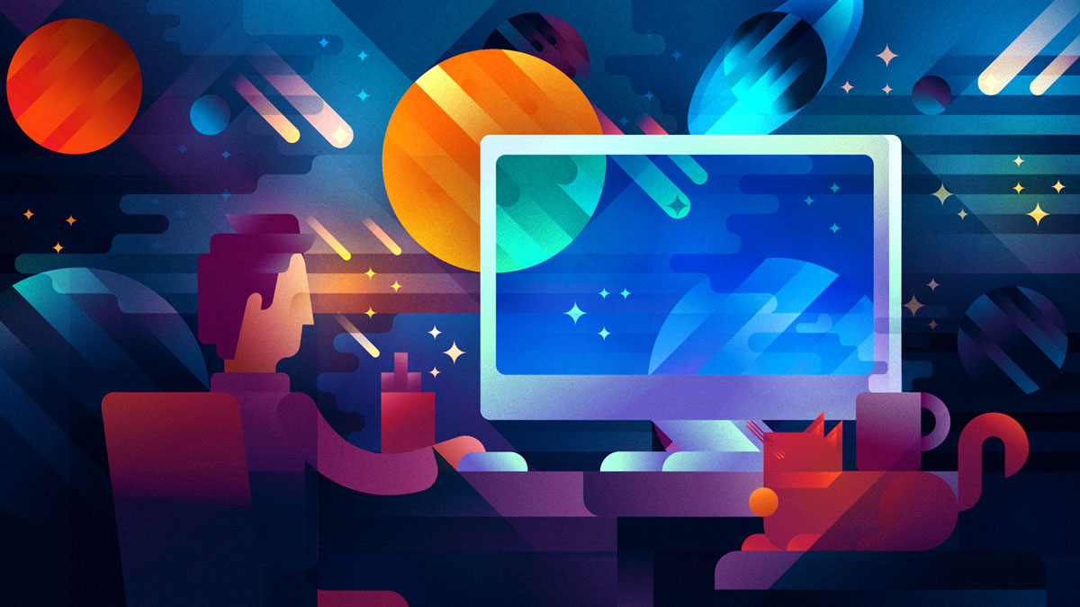 A guy using Lumetri Color tool on Adobe Premiere with a space background with planets and stars, illustration by Francesco Faggiano illustrator