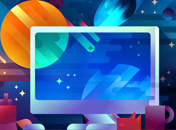 A computer with a space background, illustration by Francesco Faggiano illustrator