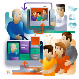 A family sending pictures to grandparent through internet connection, illustration by Francesco Faggiano illustrator