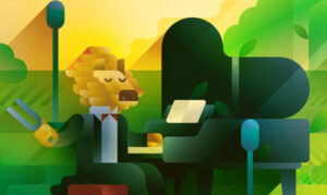 A lion pianist tuning his grand piano in the Savannah at sunset, illustration by Francesco Faggiano illustrator