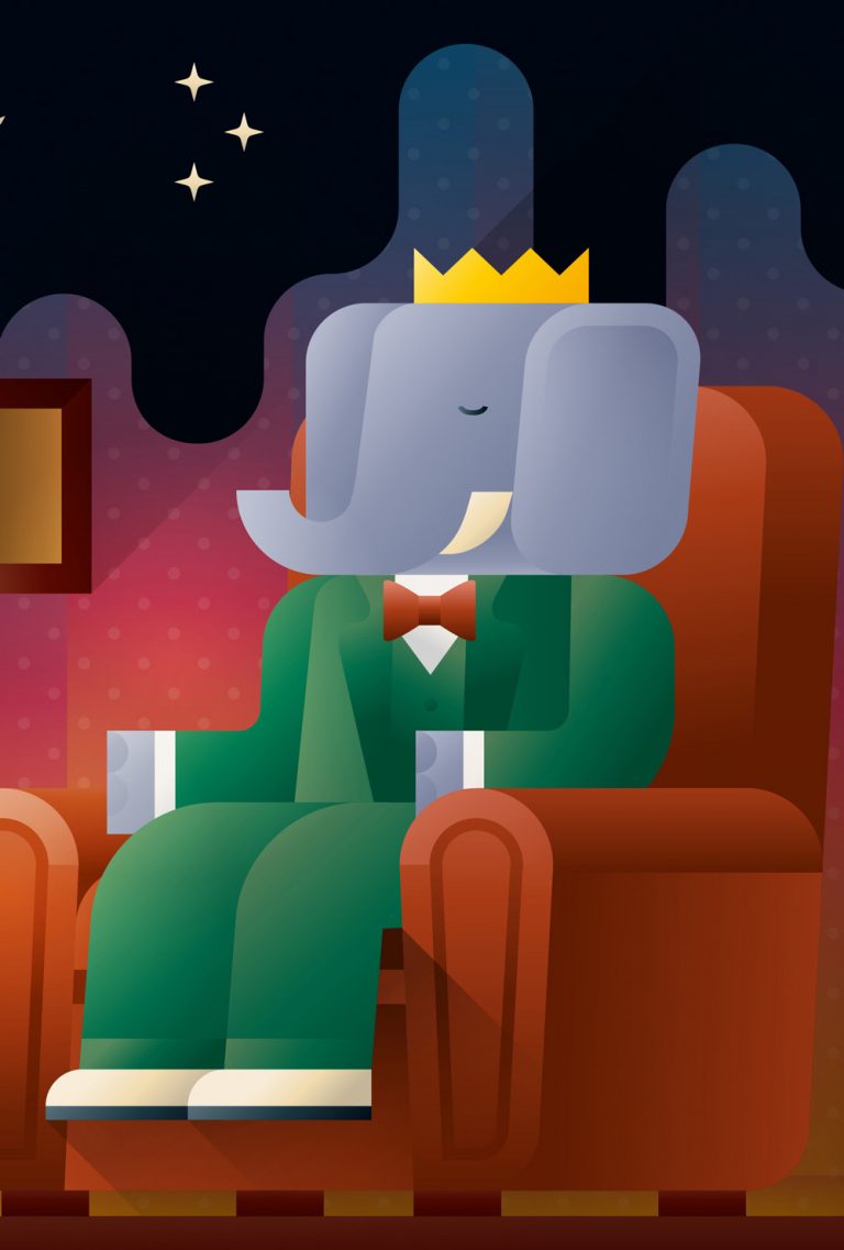 Babar in a green suit sitting on a sofa, art print illustration by Francesco Faggiano illustrator