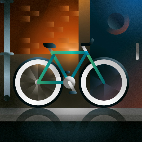 A fluorescent fixed bike parked next to a nightclub door in downtown, art print illustration by Francesco Faggiano illustrator