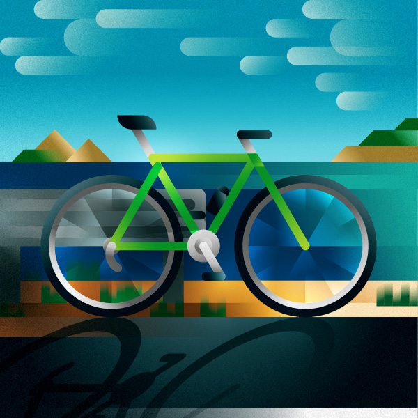 A green road bike parked along the coastal road, art print illustration by Francesco Faggiano illustrator