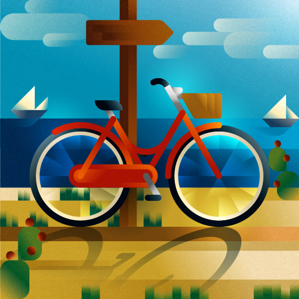 A red woman city-bike parked on the sand, art print illustration by Francesco Faggiano illustrator