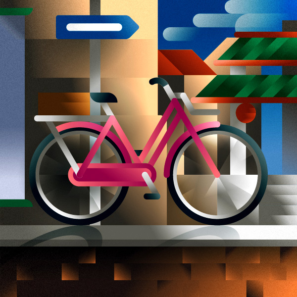 A pink freight-bike parked in chinatown, art print illustration by Francesco Faggiano illustrator