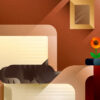 Tabby cat sleeping on a beige sofa, art print illustration by Francesco Faggiano illustrator
