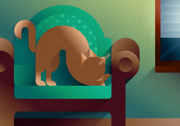 Brown cat stretching on a green sofa, art print illustration by Francesco Faggiano illustrator