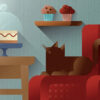 Brown cat watching a sweet cake slice from a red sofa armrest , art print illustration by Francesco Faggiano illustrator