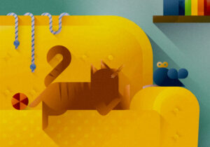 Tabby cat playing with its toys on a yellow sofa, art print illustration by Francesco Faggiano illustrator