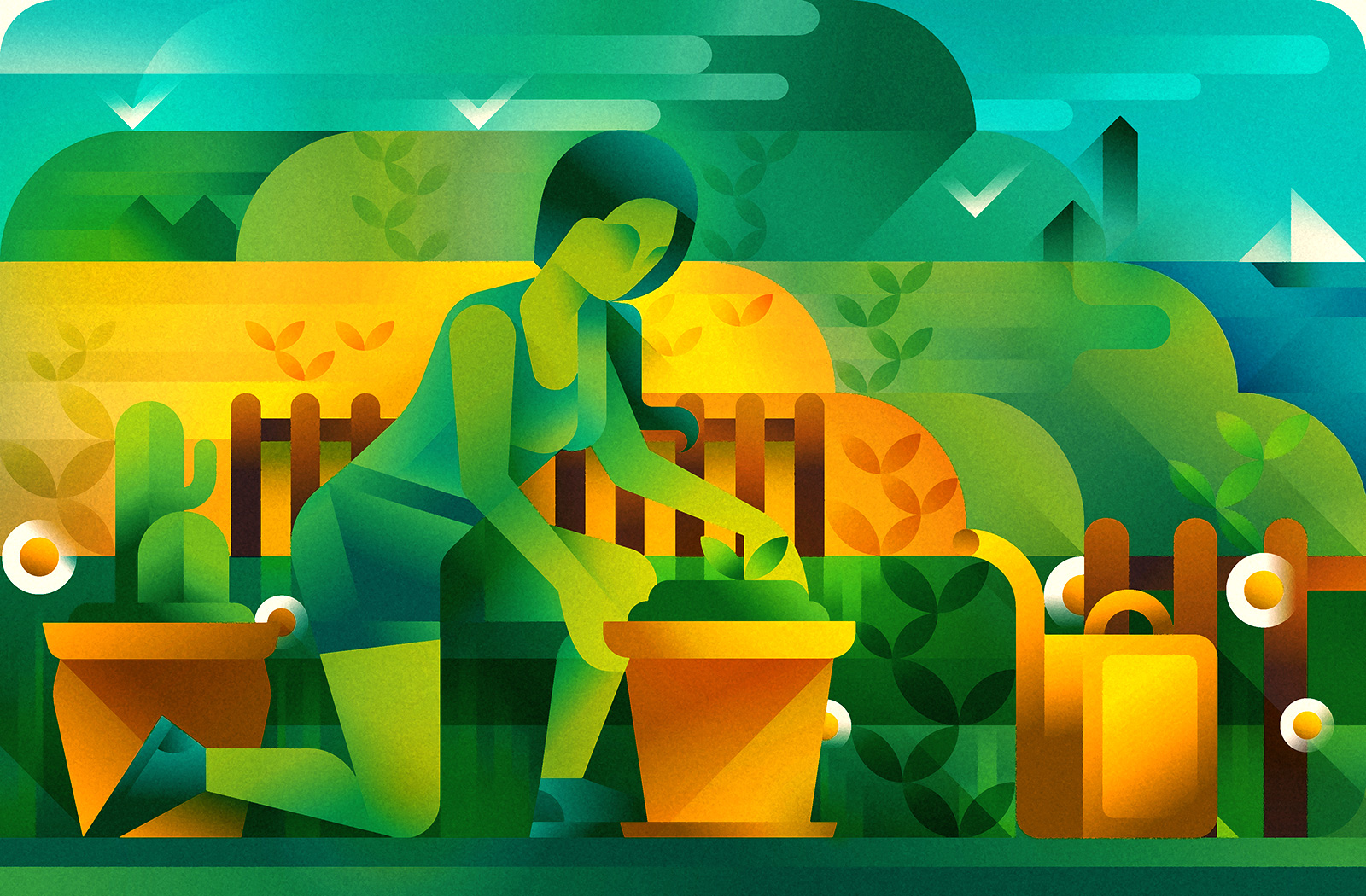 A woman with green skin working on her garden next to the sea, illustration by Francesco Faggiano illustrator