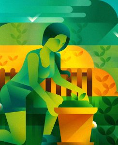 A woman with green skin working on her garden next to the sea, illustration by Francesco Faggiano illustrator
