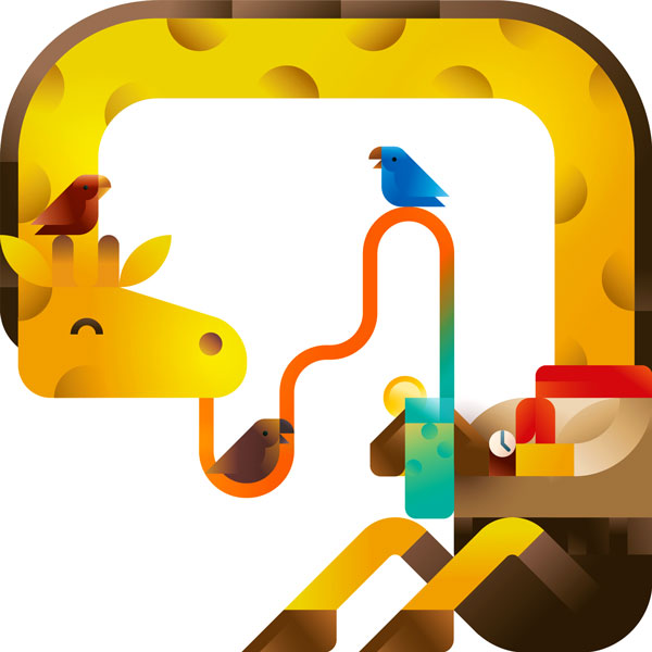 A funny scout giraffe drinking its lemonade with some tiny parrots, illustration by francesco faggiano illustrator