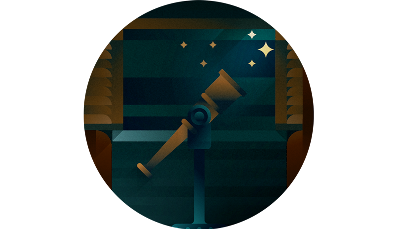A telescope in a dark room next to an open window, illustration by Francesco Faggiano illustrator
