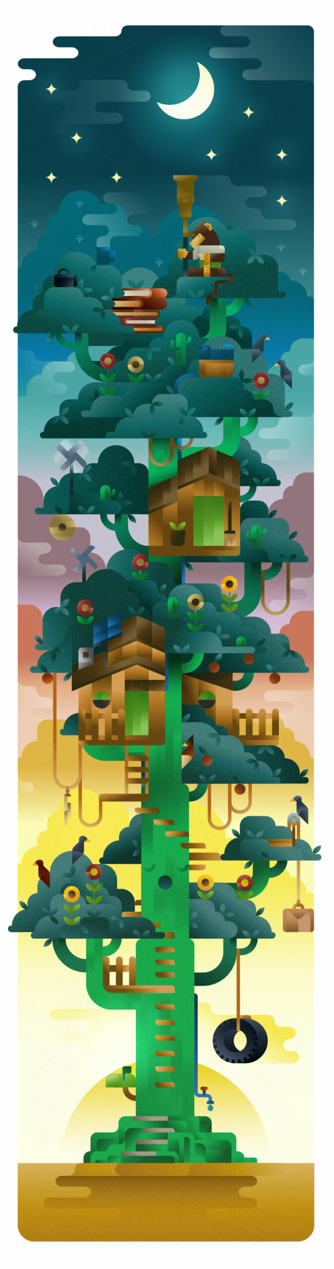 A giant cactus tree holding the house of a smart monkey that watch the sky with a telescope, illustration by Francesco Faggiano illustrator