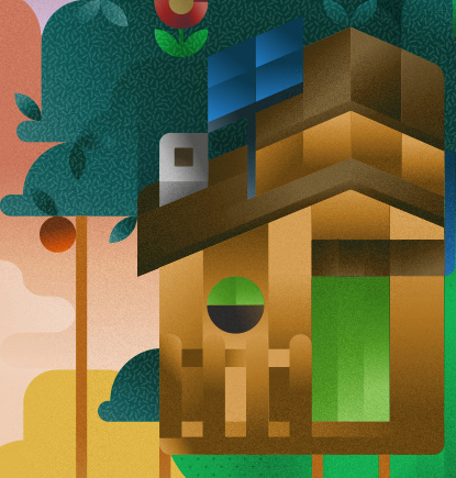 A monkey house with solar panels on a cactus tree, illustration by Francesco Faggiano illustrator