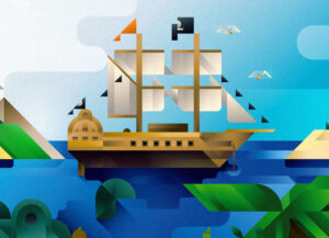 A pirate ship in Neverland bay, art print illustration by Francesco Faggiano illustrator