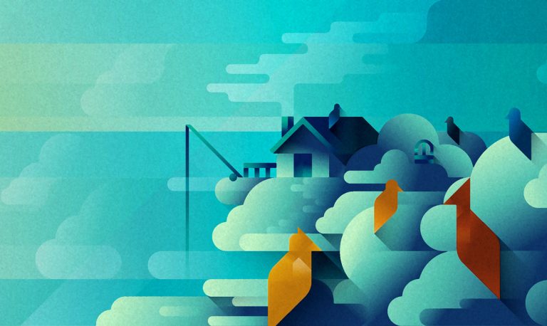 A small blue house on a huge cloud island in the sky and a flock of birds, art print illustration by Francesco Faggiano illustrator