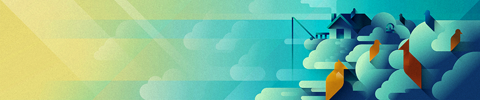 A small blue house on a huge cloud island in the sky and a flock of birds, header illustration by Francesco Faggiano illustrator for Picame magazine
