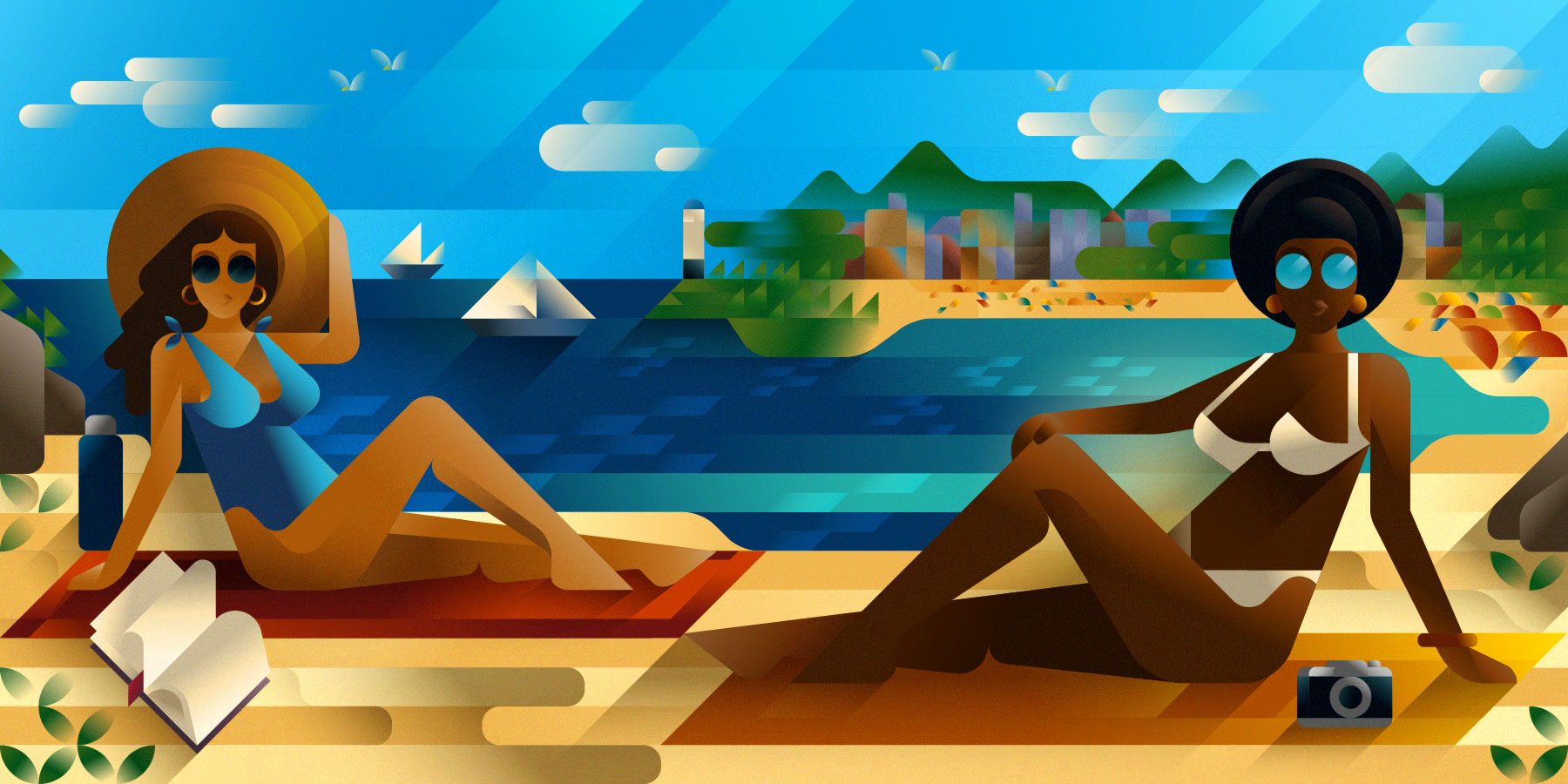 Beautiful young women in bikini relaxing at the beach, landscape editorial illustration by Francesco Faggiano illustrator