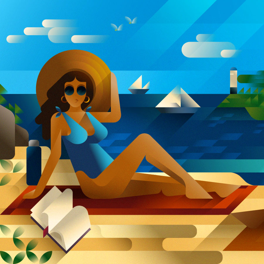 Beautiful young white woman in blue swimsuit reading a book at the beach, editorial illustration by Francesco Faggiano illustrator