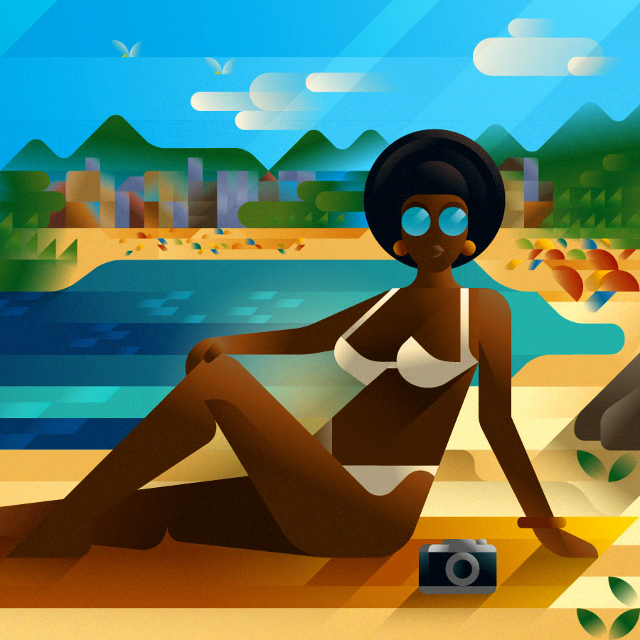 Beautiful young black woman in white bikini relaxing on the beach, editorial illustration by Francesco Faggiano illustrator
