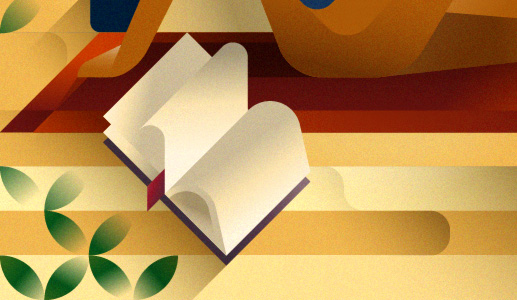 Detail of an open book next to woman on the beach, illustration by Francesco Faggiano illustrator