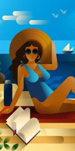 Beautiful young white woman in blue swimsuit reading a book at the beach, editorial illustration by Francesco Faggiano illustrator