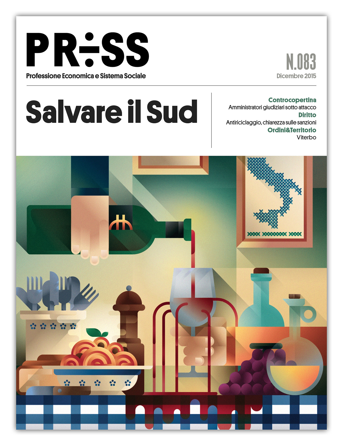 Magazine cover with a metaphoric scene of southern Italy wasting european funds, illustration by Francesco Faggiano illustrator