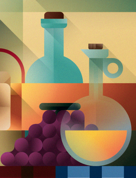 A table with grape, water and olive oil bottle, illustration by Francesco Faggiano illustrator