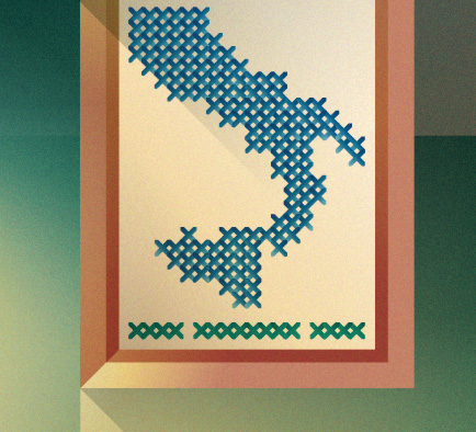 A canvas with embroidered shape of Italy, illustration by Francesco Faggiano illustrator