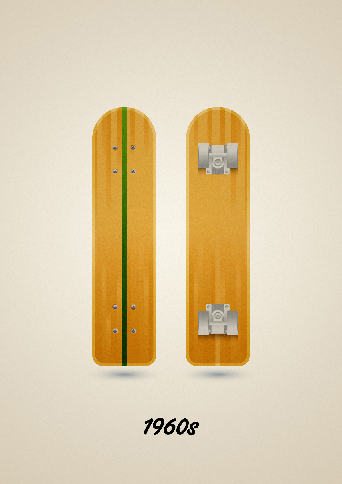Old wooden skateboard model of the 60s, art print illustration by Francesco Faggiano illustrator