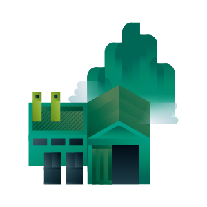 Green factory building with chimneys icon, illustration by Francesco Faggiano illustrator