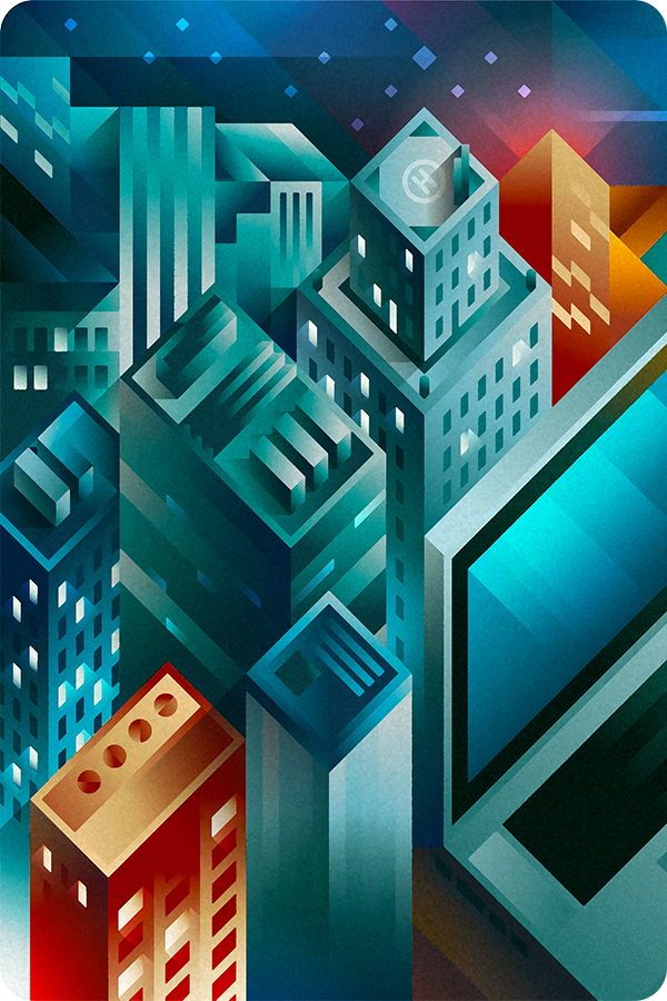 Some modern skyscrapers and a giant apple mackbook seen by night sky in isometric view, illustration by Francesco Faggiano illustrator