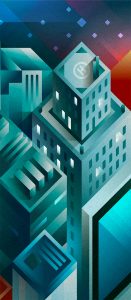 Some modern skyscrapers seen by night sky in isometric view, illustration by Francesco Faggiano illustrator