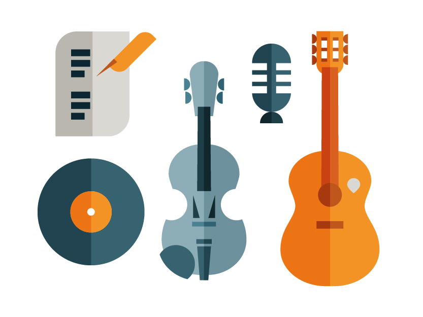 Music icon set of violin, guitar, microphone, music sheets and vinyl disc, illustration by Francesco Faggiano illustrator