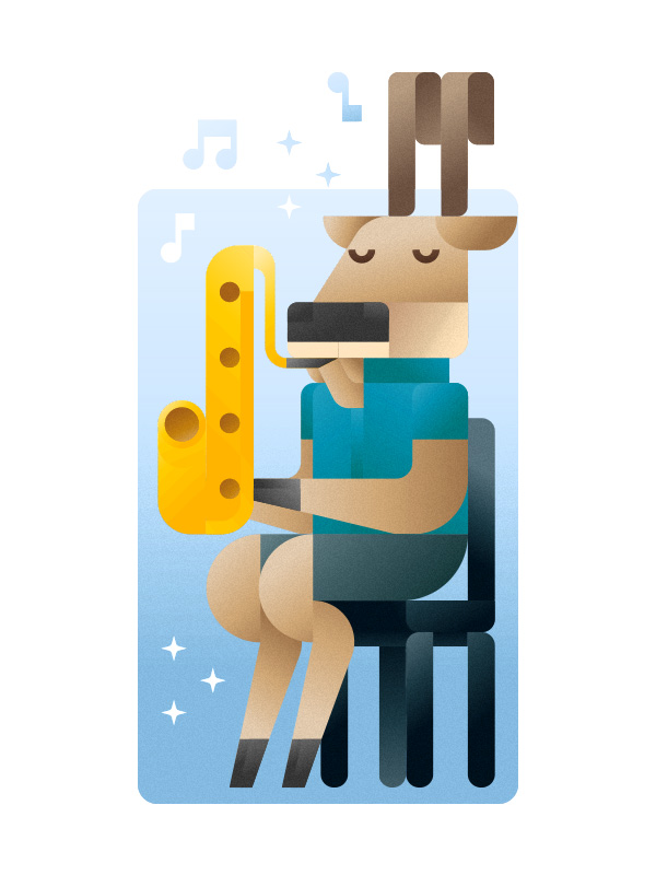 Goat in t-shirt playing a saxophone on a chair, illustration by Francesco Faggiano illustrator