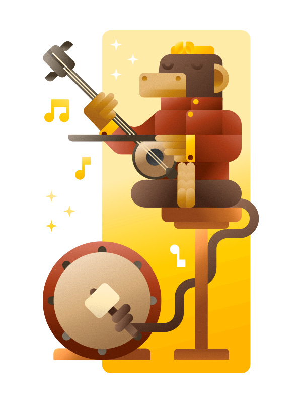 Asian Monkey playing a Chinese violin and a drum, illustration by Francesco Faggiano illustrator