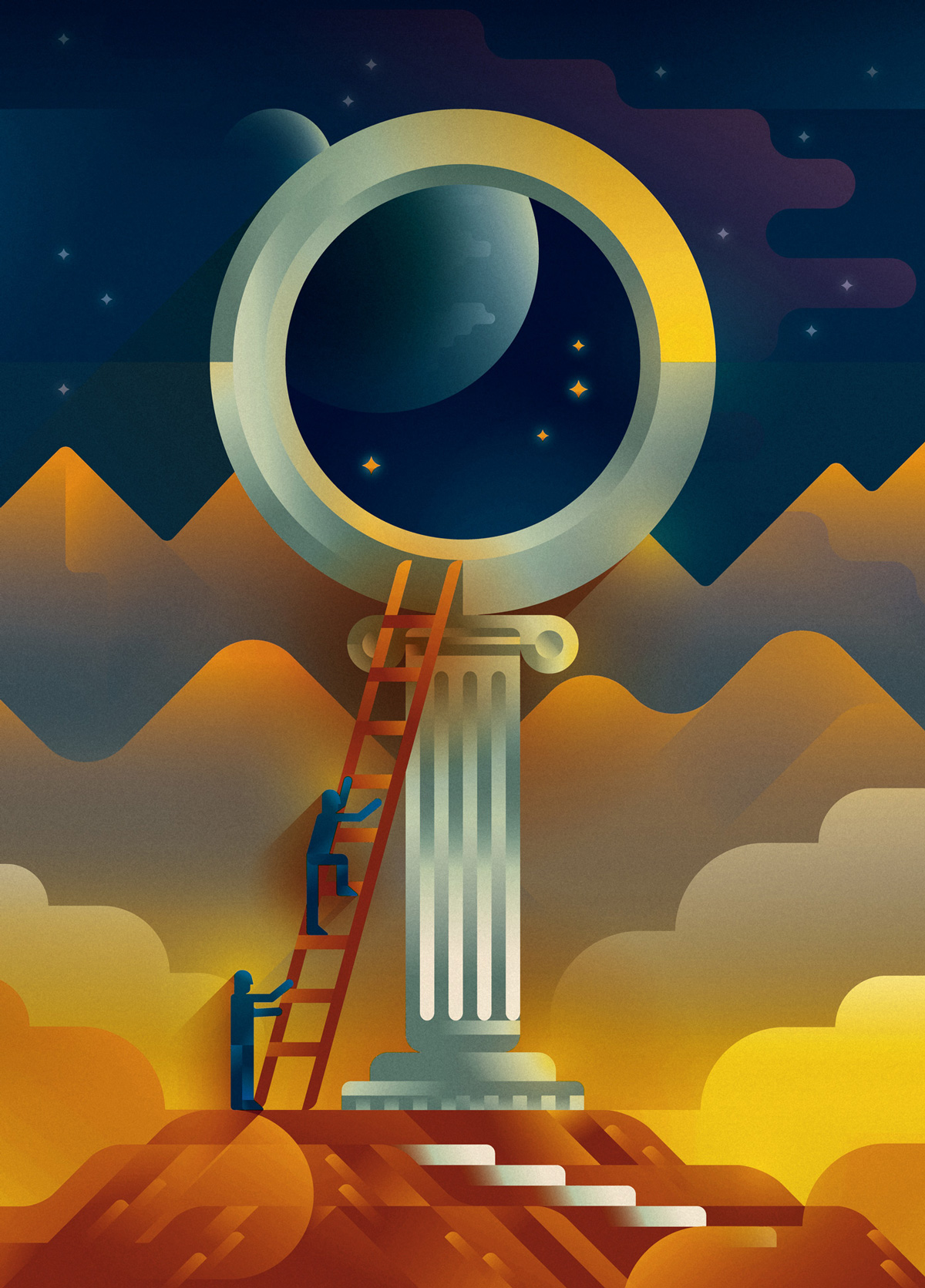 A couple of men climbing a wooden staircase on a big magnifying glass similar to a Greek temple to see the stars in the night sky, illustration by Francesco Faggiano illustrator