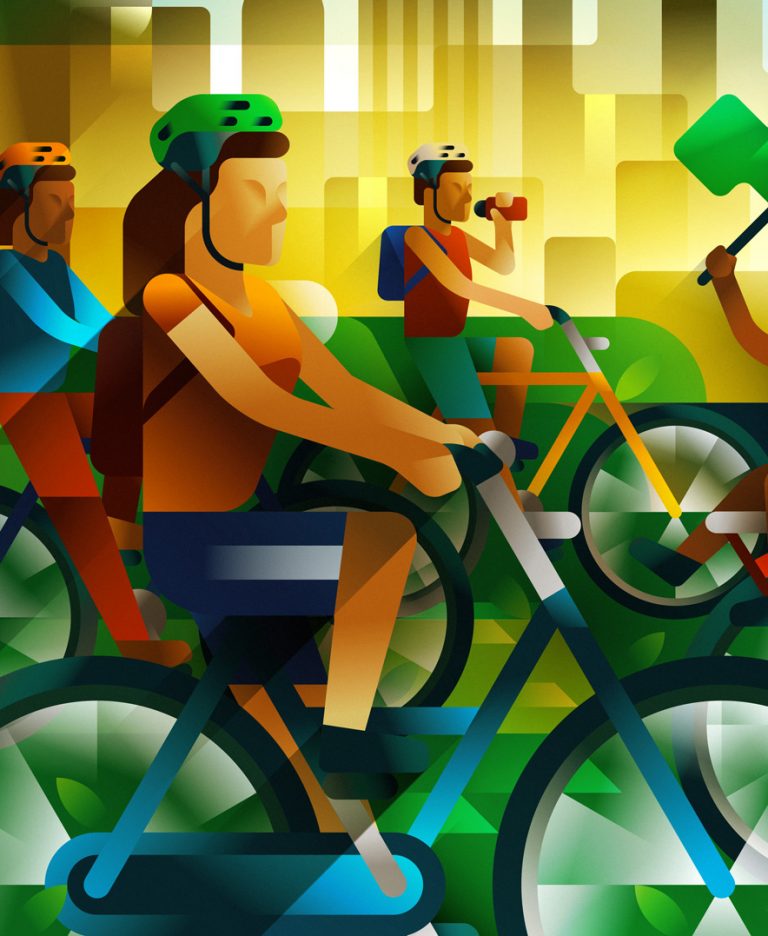 A young girl on a bike enjoying the ride with hundreds of people in São Paulo, illustration by Francesco Faggiano illustrator