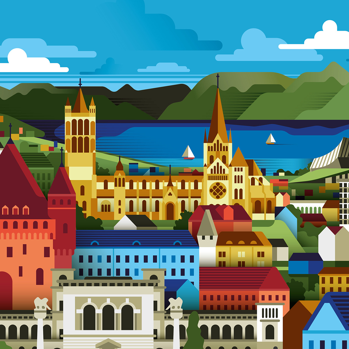 zoomed version of the Illustrated landscape of Lausanne, Switzerland.